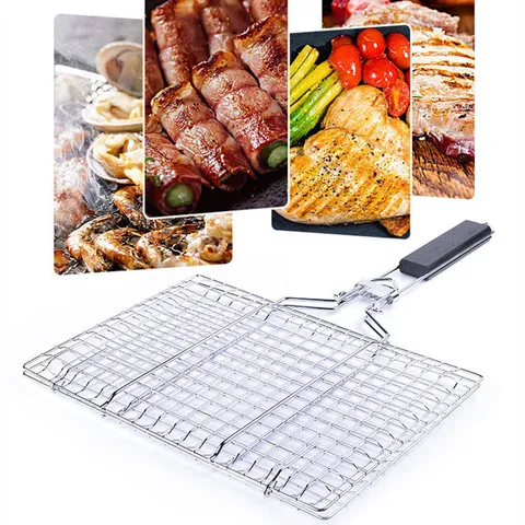 Portable Folding Iron BBQ Grill Mesh Basket Removable Wood Handle Square Fish Meat Grilling Clip Outdoor Cooking Tool