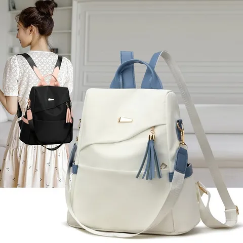 Women Anti-Theft Backpack Soft PU Leather Large Capacity Travel School Bag Fashion Patchwork Tassel Dual-Use Shoulder Bag