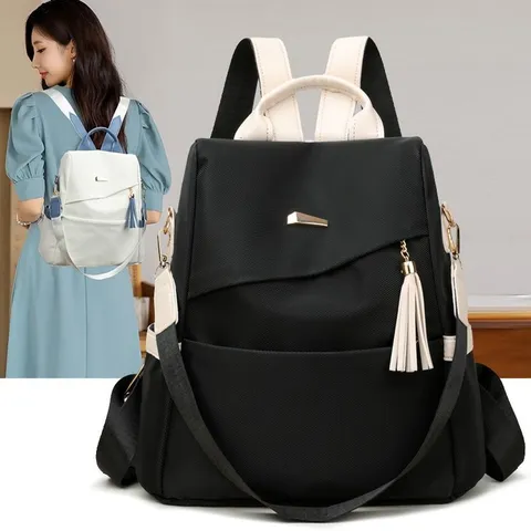 Women Anti-Theft Backpack Soft PU Leather Large Capacity Travel School Bag Fashion Patchwork Tassel Dual-Use Shoulder Bag