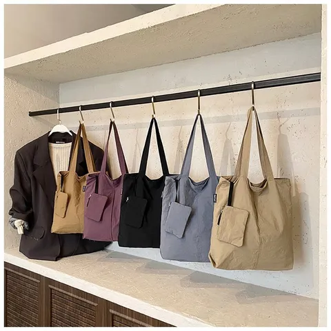 Large Capacity Nylon Tote Bag For Women Solid Color Drawstring Crinkle Shoulder Bag Foldable Shopping Bag Commuter Multi Pocket Handbag