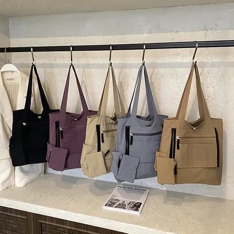 Large Capacity Nylon Tote Bag For Women Solid Color Drawstring Crinkle Shoulder Bag Foldable Shopping Bag Commuter Multi Pocket Handbag