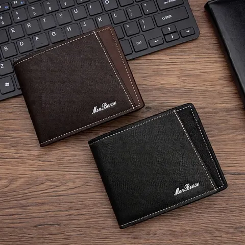Cartera Corta Tríptica de Cuero PU de Negocios para Hombre Costuras en Contraste Bloque de Color Ranuras para Tarjetas Bolsillo con Cremallera Monedero Horizontal