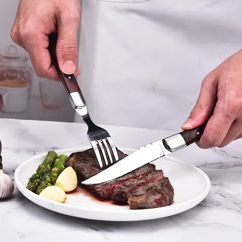 Verdikte Roestvrijstalen Steakmes Pakkawood Handvat Laguiole Stijl Westerse Bestek Spiegelgepolijste Diner Mes Vork Set