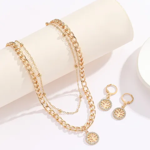 Europeo Americano alla Moda Doppio Strato Strass Albero della Vita Ciondolo Collana Orecchini Set Lega Gioielli Regalo