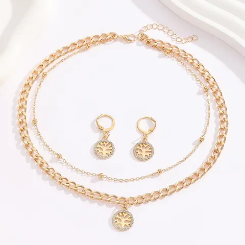 Europeo Americano alla Moda Doppio Strato Strass Albero della Vita Ciondolo Collana Orecchini Set Lega Gioielli Regalo