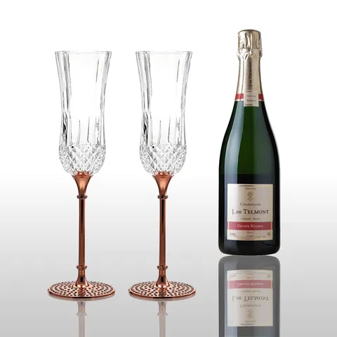 Calice da Champagne in Cristallo di Lusso con Stelo in Metallo Oro Rosa e Strass Intarsiati per Matrimonio e Cocktail