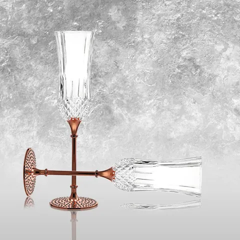Calice da Champagne in Cristallo di Lusso con Stelo in Metallo Oro Rosa e Strass Intarsiati per Matrimonio e Cocktail