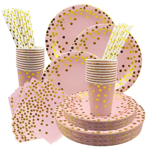 Set di Stoviglie di Carta Usa e Getta con Pois in Oro Rosa per Compleanno Matrimonio Banchetto Piatti Bicchieri Tovaglioli Cannucce