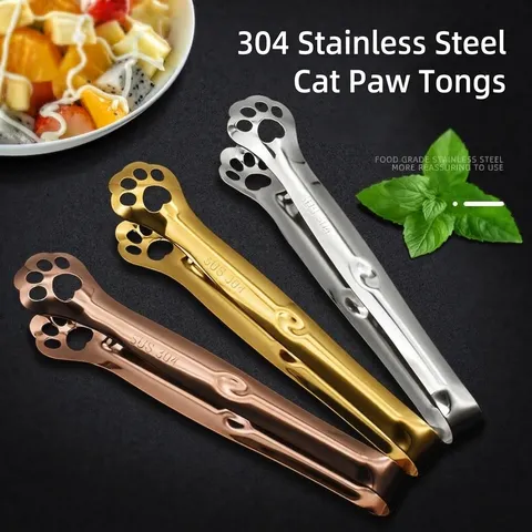 SUS 304 Stainless Steel Cat Claw Food Tongs Cute Cartoon Kitchen Tool For Barbecue Bread Dessert Serving Anti-Slip Tongs