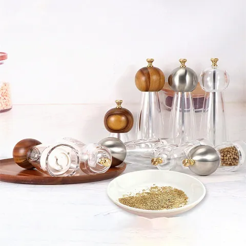 Wood Acrylic Pepper Grinder Adjustable Salt Mill Ceramic Rotor Transparent Spice Grinder for Kitchen Home Cooking