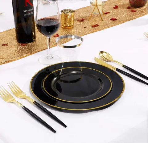 Luxus Einweggeschirr Set PS Kunststoff Goldrand Speiseteller Dessertteller Becher Messer Gabeln Löffel Für Hochzeit Party
