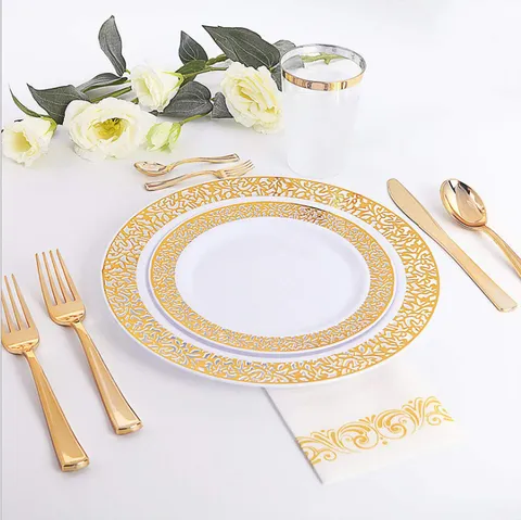 Elegant Einweggeschirr-Set aus PS-Kunststoff Mit Musterrand Teller Becher Messer Gabeln Löffel Für Party Hochzeit Bankett Abendessen