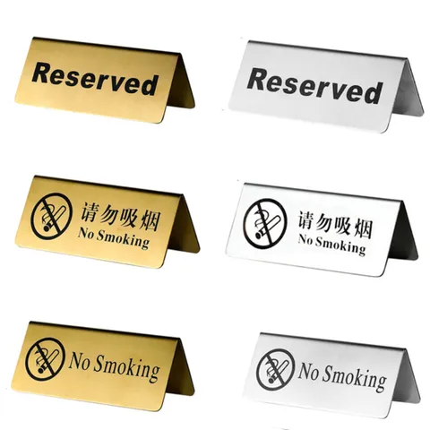 Stainless Steel Table Number Sign Reserved No Smoking Sign Hotel Restaurant Desktop Sign Card Gold Silver
