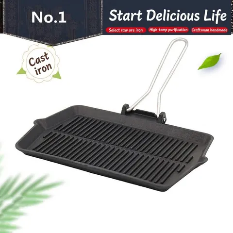Portable Cast Iron Grill Pan Folding Wooden Handle Square Steak Skillet Nonstick Ribbed Griddle Pan For Indoor BBQ Cooking