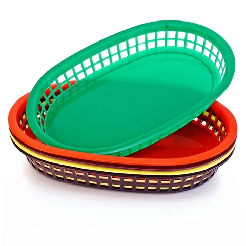 Panier de Restauration Rapide Ovale en Plastique Avec Doublures en Papier à Carreaux Plateau de Service Frites Burgers Pain Fruits Restaurant