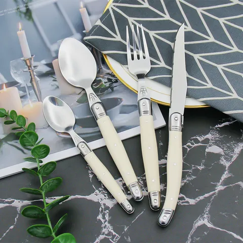 Laguiole Style Stainless Steel Cutlery Set Ivory White ABS Handle Mirror Polished Dinner Knife Fork Spoon Bee Logo Tableware