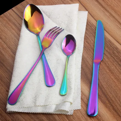 Stainless Steel Mirror Polished Knife Fork Spoon Tea Spoon Set For Western Dining Kitchen Restaurant Gold Rainbow Cutlery