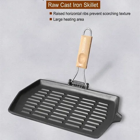 Portable Cast Iron Grill Pan Folding Wooden Handle Square Steak Skillet Nonstick Ribbed Griddle Pan For Indoor BBQ Cooking