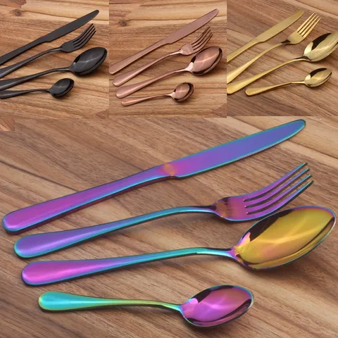 Stainless Steel Mirror Polished Knife Fork Spoon Tea Spoon Set For Western Dining Kitchen Restaurant Gold Rainbow Cutlery