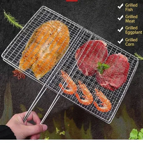 Durable Electroplated Steel BBQ Grill Net Mesh Fish Clip Portable Grilling Basket With Long Handle For Outdoor Picnic Vegetable Meat Tools