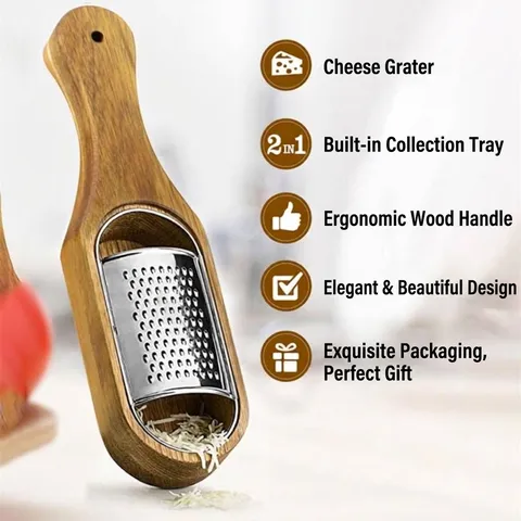 Stainless Steel Cheese Grater With Acacia Wood Storage Box Base Manual Ginger Garlic Vegetable Shredder Grating Kitchen Tool