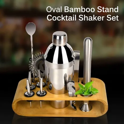 Professionelles Cocktailshaker Kit Aus Edelstahl Mit Ovalem Bambusständer Gold Silber Messbecher Sieb Stößel Barzubehör