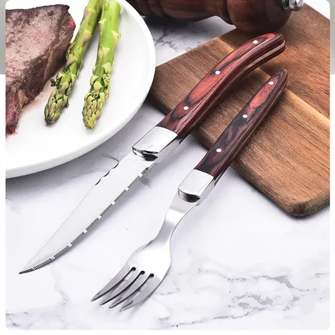 Verdikte Roestvrijstalen Steakmes Pakkawood Handvat Laguiole Stijl Westerse Bestek Spiegelgepolijste Diner Mes Vork Set