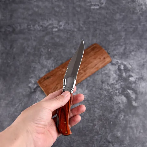 Stainless Steel Folding Pocket Knife With Wooden Handle Portable Utility Knife For Outdoor Camping