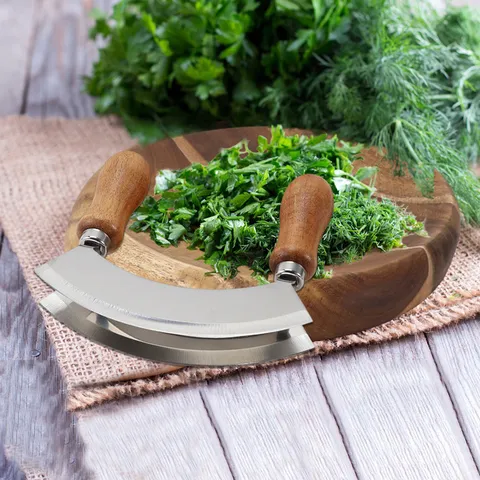 Stainless Steel Mezzaluna Herb Chopper With Acacia Wood Double Handle Curved Blade Slicing Knife And Wood Cutting Board Set