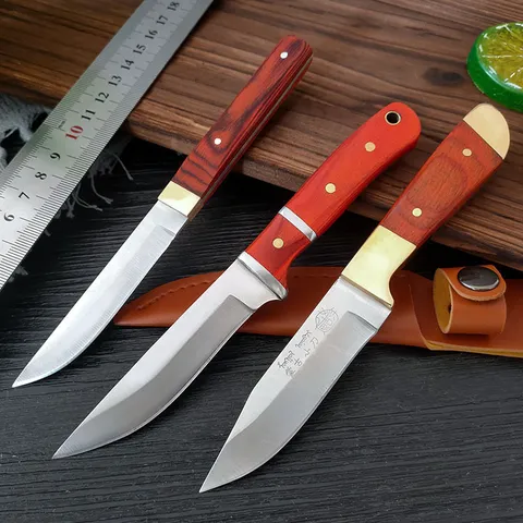 Coltello Multiuso Manuale in Acciaio Inossidabile Forgiato Con Manico in Legno Rosso Testurizzato Martellato per Carne Frutta