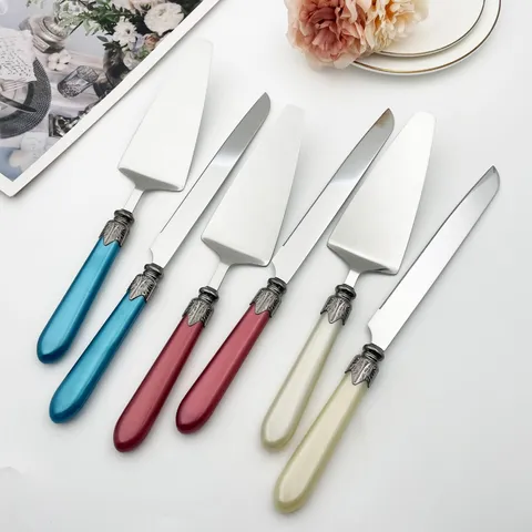 Set de Couteau à Gâteau et Pelle en Acier Inoxydable Mariage Pelle à Pizza Avec Poignée en Plastique Perlé Outil de Service