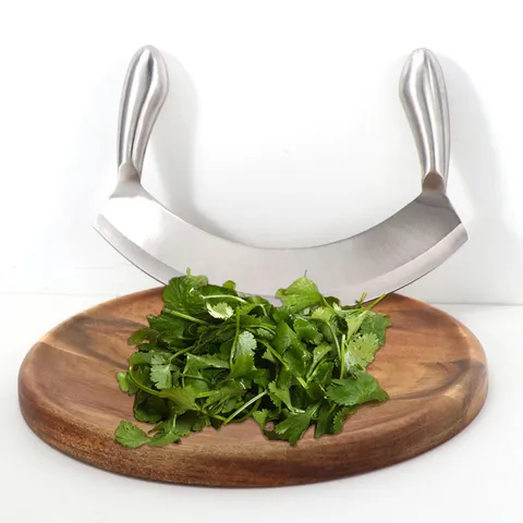 Stainless Steel Double Handle Crescent Herb Cutter Pizza Knife Dough Bread Cheese Cutting Tool Kitchen Gadget