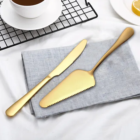 Gold Stainless Steel Cake Knife And Server Set Mirror Polished Titanium Plated Cake Shovel With Serrated Edge For Wedding Birthday Party