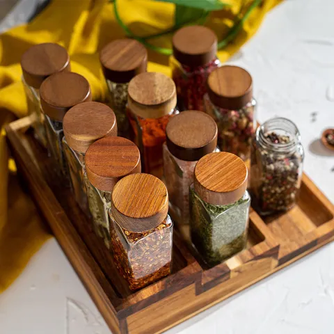 Pots à Épices Carrés en Verre 120ml Récipients d'Assaisonnement avec Couvercles en Bois Bambou Métal Bouteilles de Rangement