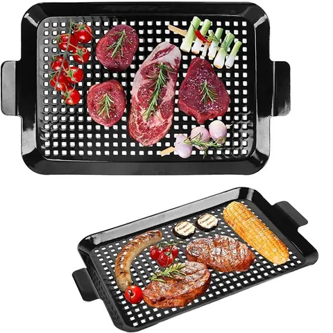 Non-Stick Enamel Grill Pan For Outdoor BBQ Perforated Iron Grilling Tray With Dual Handles Black BBQ Accessories Portable Roast Plate
