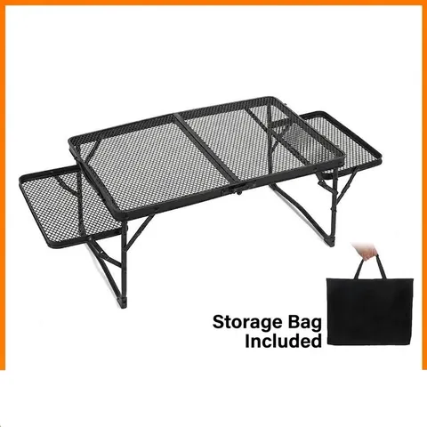 Portable Outdoor Camping Folding Table Metal Mesh Storage Desk For BBQ Travel Picnic Black Iron Foldable Table With Carrying Bag