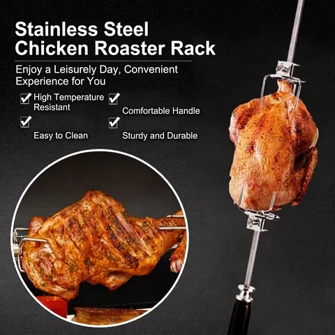 Stainless Steel Rotisserie Turkey Chicken Fork Set BBQ Roaster Spit Rod With Heat Resistant Anti Slip Handle Outdoor Barbecue Tools