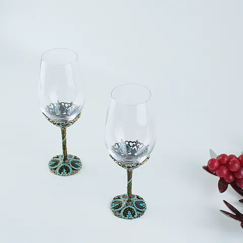 Vintage Lichte Luxe Kristalglas Rode Wijn Champagne Kelk Emaille Geverfde Metaal Trouw Feest Drinkgerei Geschenkdoos
