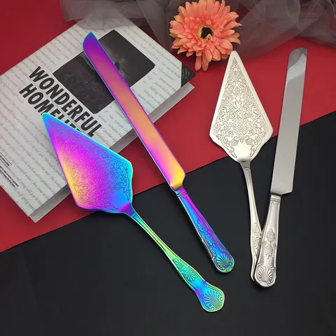 Roestvrij Staal Bruiloft Taartmes Server Set Vintage Bloemen Reliëf Regenboog Spiegel Gepolijst Verjaardag Feest Bakgereedschap
