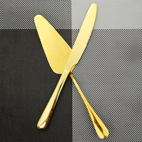 Gold Stainless Steel Cake Knife And Server Set Mirror Polished Titanium Plated Cake Shovel With Serrated Edge For Wedding Birthday Party