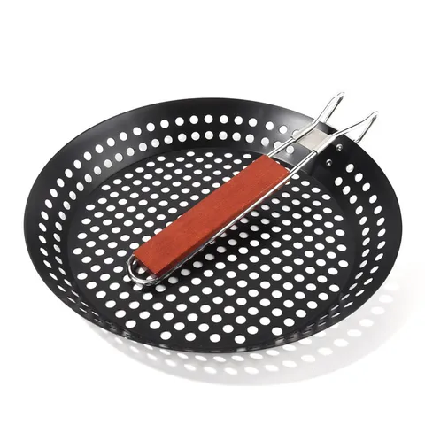 Portable Folding Round Carbon Steel Non-Stick BBQ Grill Pan Outdoor Picnic Barbecue Cookware With Wooden Handle