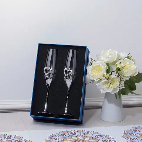 Luxury Double Heart Rhinestone Wedding Champagne Flute Glasses Crystal Glass Toasting Goblets For Anniversary Engagement Gift