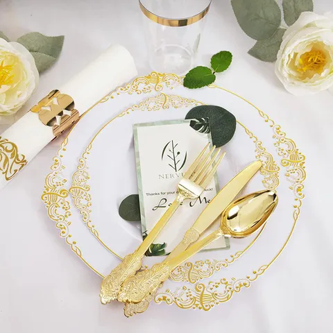 Set Stoviglie Usa e Getta 175 Pezzi Bordo Oro Rilievo Dragone Piatti Bicchieri Posate in Plastica Dura PS per Matrimonio Banchetto Festa