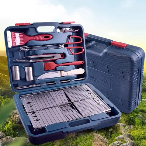 Portable Folding Stainless Steel BBQ Grill Set With Multi Barbecue Tools And Carrying Case For Outdoor Camping Picnic
