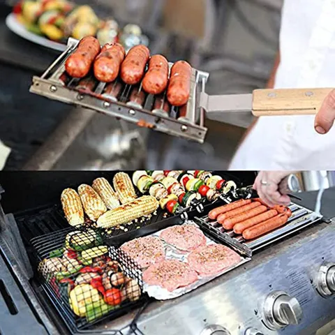 Sausage Roller Rack Stainless Steel Hot Dog Grill Rack with Beech Wood Handle Detachable Barbecue Tool for Outdoor BBQ Picnic