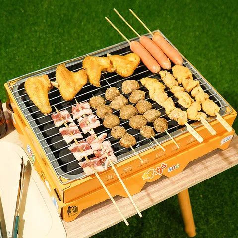 Portable Disposable BBQ Grill Set With Stainless Steel Rack And Quick Burn Charcoal For Outdoor Camping Picnic Party Barbecue Rack