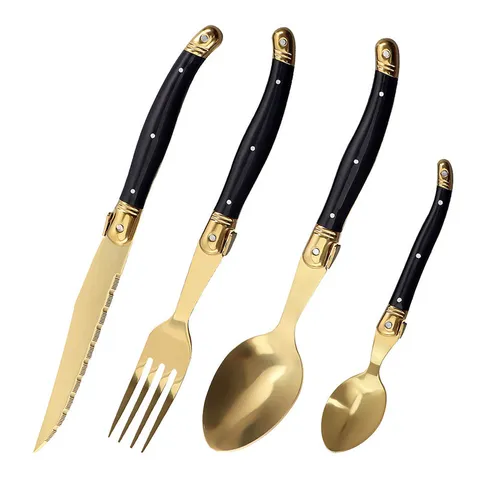 Gold Titanbeschichtet Edelstahl Besteck Mit Schwarzem Griff Laguiole Stil Steakmesser Gabel Löffel Für Zuhause Restaurant