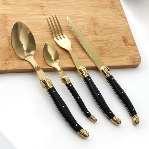 Gold Titanbeschichtet Edelstahl Besteck Mit Schwarzem Griff Laguiole Stil Steakmesser Gabel Löffel Für Zuhause Restaurant