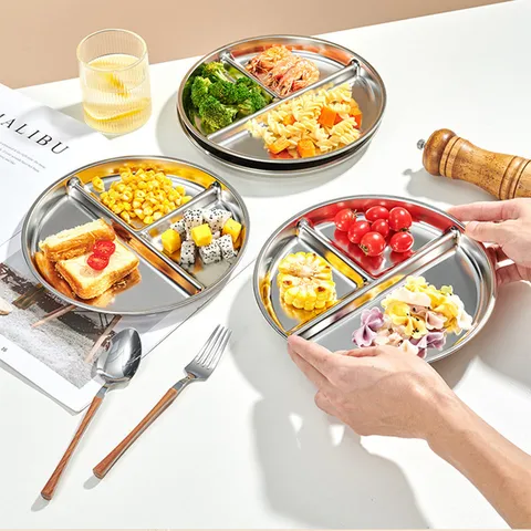 Assiette Repas Divisée en Acier Inoxydable 3 Compartiments Rond Récipient de Régime Plat de Préparation de Repas pour Cuisine Maison