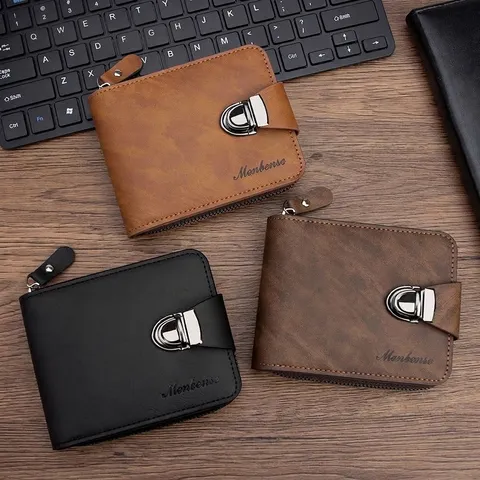 Portefeuille Court Homme Pliable en Trois Avec Serrure Métallique Cuir PU Fermeture Éclair Poche à Monnaie Porte-Cartes Business D575-1